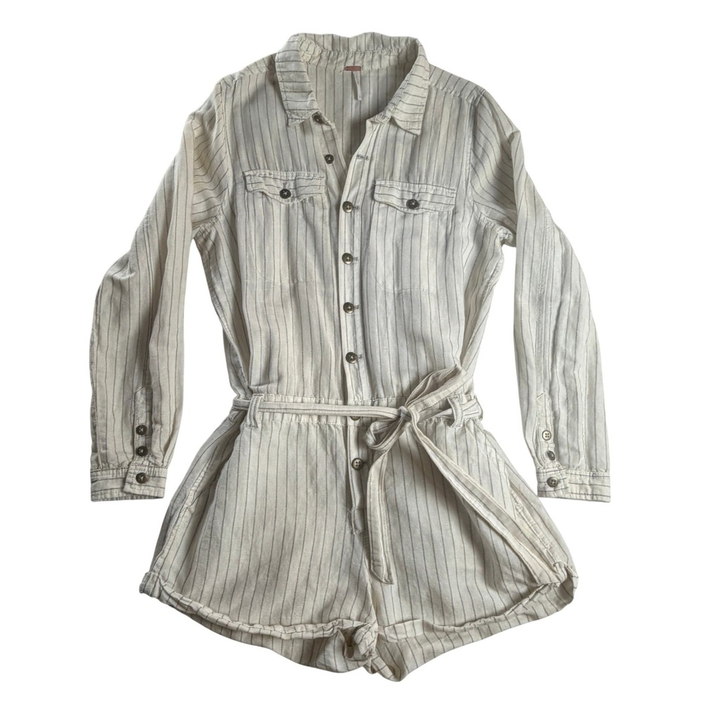 Free People L Cream Gray Pinstripe Linen Blend Utility Belted Romper